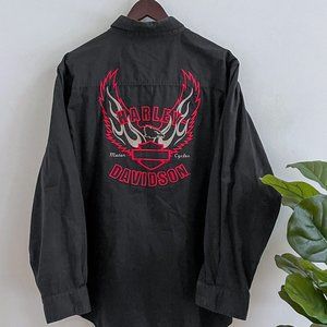 Harley Davidson Work Shirt Mens L Button-Down Long Sleeve Black Red Embroidered